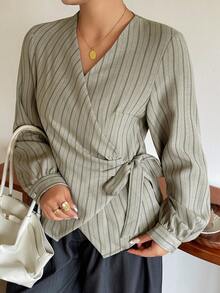 Dazy Plus Fashion Striped V-Neck Asymmetric Placket Tie-Front Long Sleeve Commuter Blouse, Spring/Autumn - Olive Green - View 2