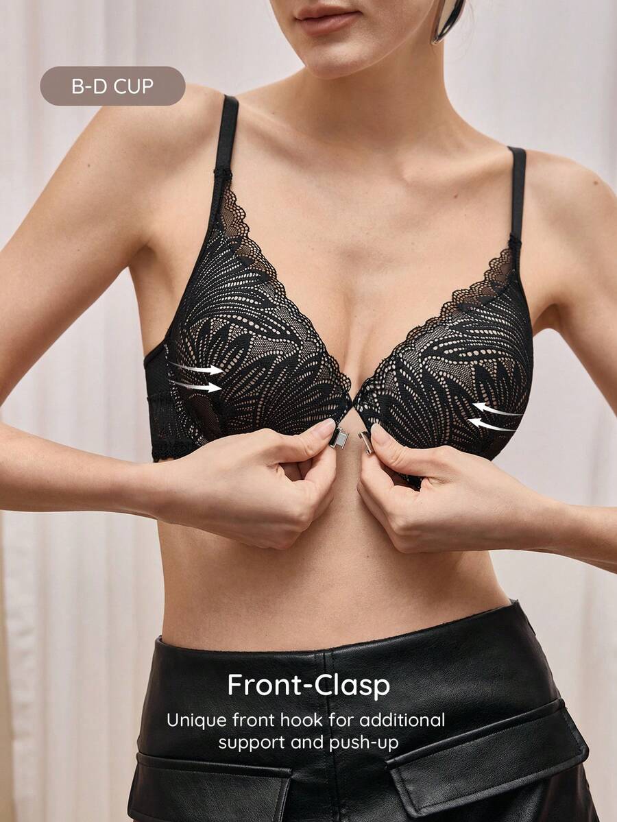 Bralution 1pc Sexy Lace Padded Front Closure Underwire Push Up Bra - Black - View 1