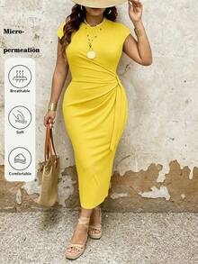 EMERY ROSE Plus Size Women's Summer Solid Color Round Neck Cap Sleeve Side Knot Ruched Fitted Elegant Dress Maxi Women Outfit - Yellow - View 1