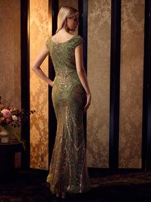 MOTF Soiréza SEQUIN BEADED EAMBROIDERY MERMAID HEM PROM DRESS - Olive Green - View 4