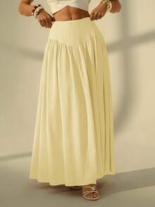 SHEIN Tall Women's Solid Color Pleated Casual Modest Versatile Daily Wear Skirt Beach Cream Autumn - Light Yellow - View 1