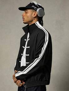 AXEPEAK Men's Street Fashion Frog Button Zipper Striped Long Sleeve Jacket - Black - View 6