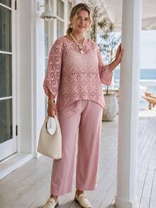 Zaforene Plus Size Women's Autumn Casual Elegant Vacation Hollow Lace Top And Wide Leg Pants 2 Pieces Set, Light Pink With Pockets Tea Party Formal - Dusty Pink - View 1