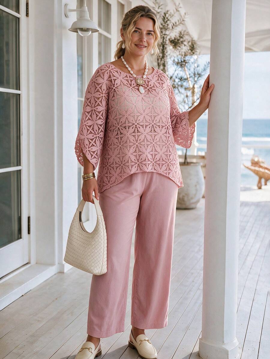 Zaforene Plus Size Women's Autumn Casual Elegant Vacation Hollow Lace Top And Wide Leg Pants 2 Pieces Set, Light Pink With Pockets Tea Party Formal - Dusty Pink - View 1
