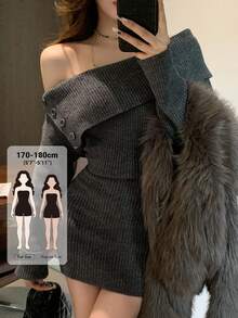 Dazy Tall Women's Off-Shoulder Off-Shoulder Long Sleeve Elegant Short Sweater Dress - Dark Grey - View 1