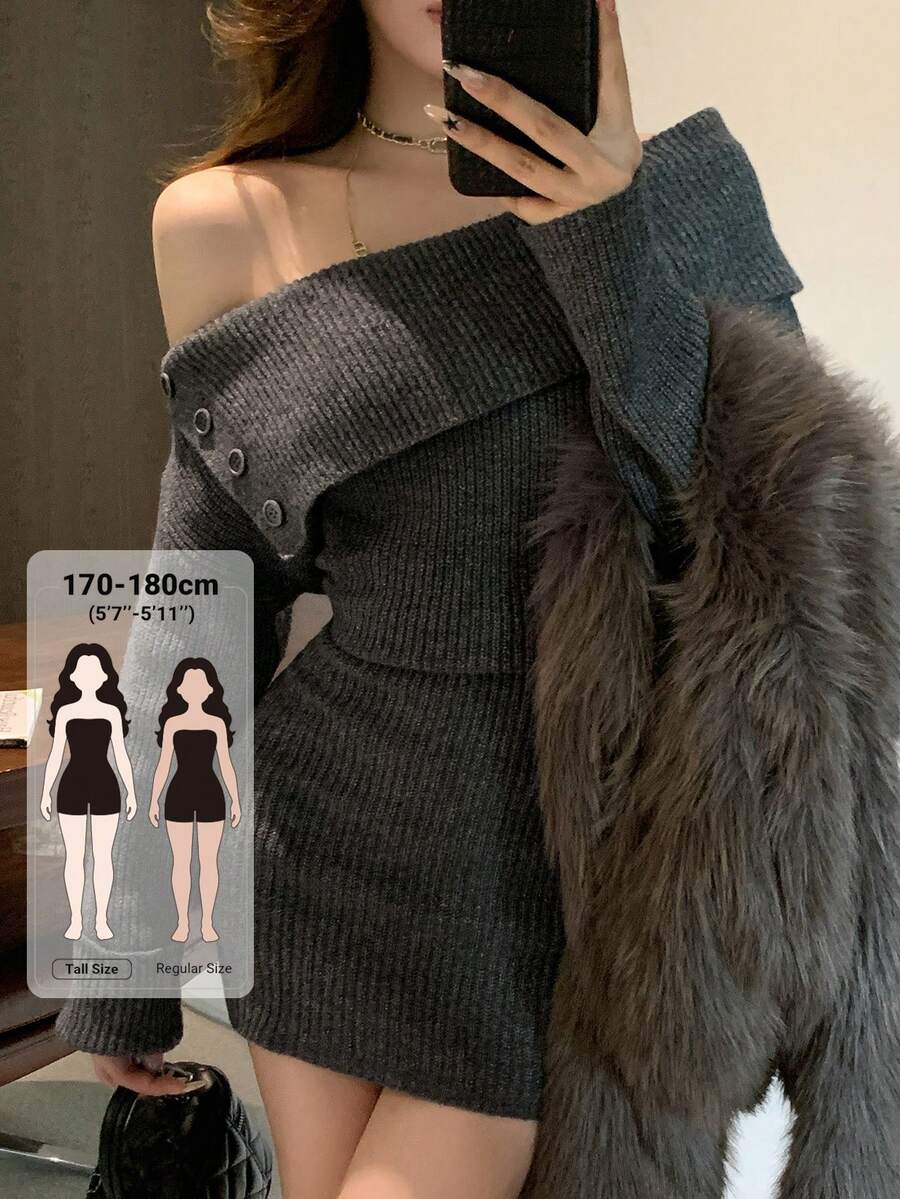 Dazy Tall Women's Off-Shoulder Off-Shoulder Long Sleeve Elegant Short Sweater Dress - Dark Grey - View 1