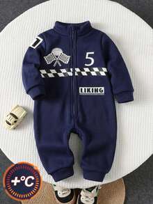 SHEIN Baby Boy Baby Girl Street Style Letter & Racing Pattern Knit Soft Small Stand Collar Long Sleeve Jumpsuit Suitable For Autumn/Winter Outdoor Wear - Navy Blue - View 1