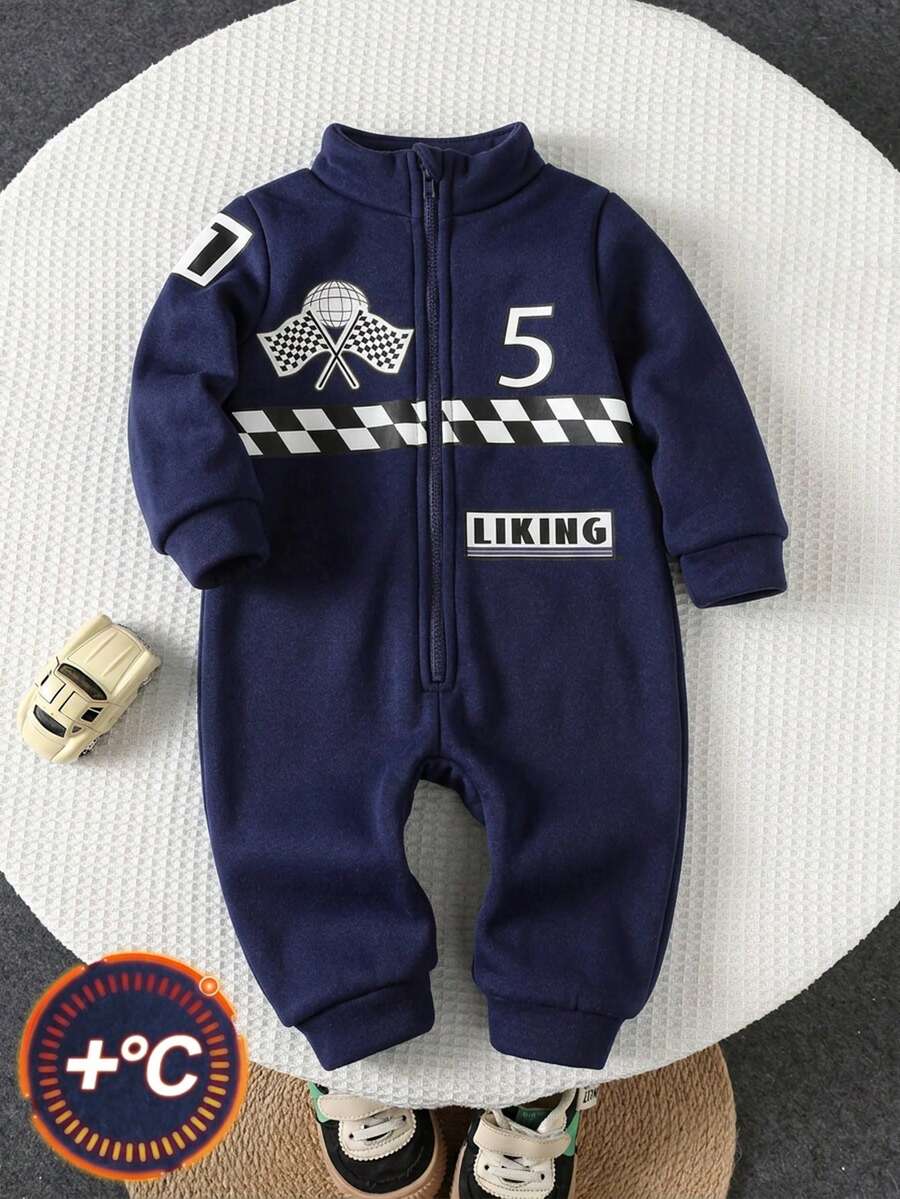 SHEIN Baby Boy Baby Girl Street Style Letter & Racing Pattern Knit Soft Small Stand Collar Long Sleeve Jumpsuit Suitable For Autumn/Winter Outdoor Wear - Navy Blue - View 1