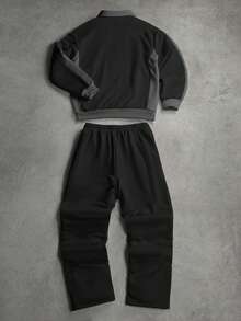 SLATEMANN Conjunto de sudadera y pantalones de chándal con bloques de color y patchwork para hombre - Negro - Ver 2