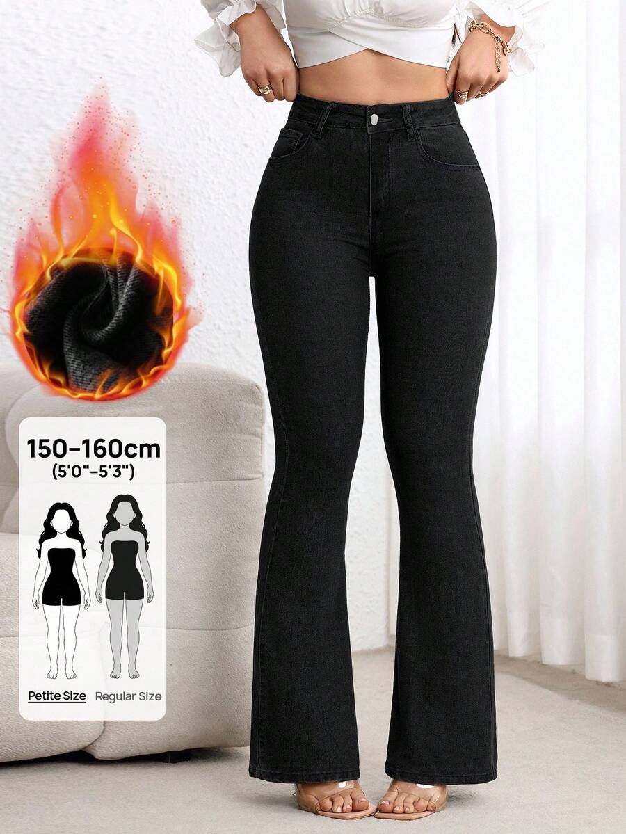 SHEIN PETITE 女款時尚鈕扣口袋喇叭牛仔褲,適合日常穿著 - 黑色 - 查看 1