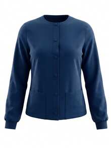 TaskEZ Deep Blue Long Sleeve Ribbed Cuff Crew Neck Multi-Pocket Convenient Comfortable Scrub Jacket - Blue - View 3