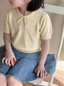 Dazy Kids Young Girl Plain Pleated Casual Versatile Everyday Knit Top - Apricot - View 3