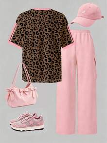 SHEIN Teen Girls Pink Leopard Print T-Shirt And Cargo Pants Set, Casual Fashion Spring Summer Autumn Outdoor Wear - Multicolor - View 2
