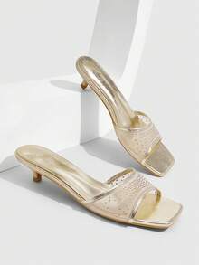 CUCCOO SZL Women's Golden Square Toe Fashion Daily Travel Casual Versatile Thin Heel Rhinestone Slippers Kitten Heels - Golden PU - View 1