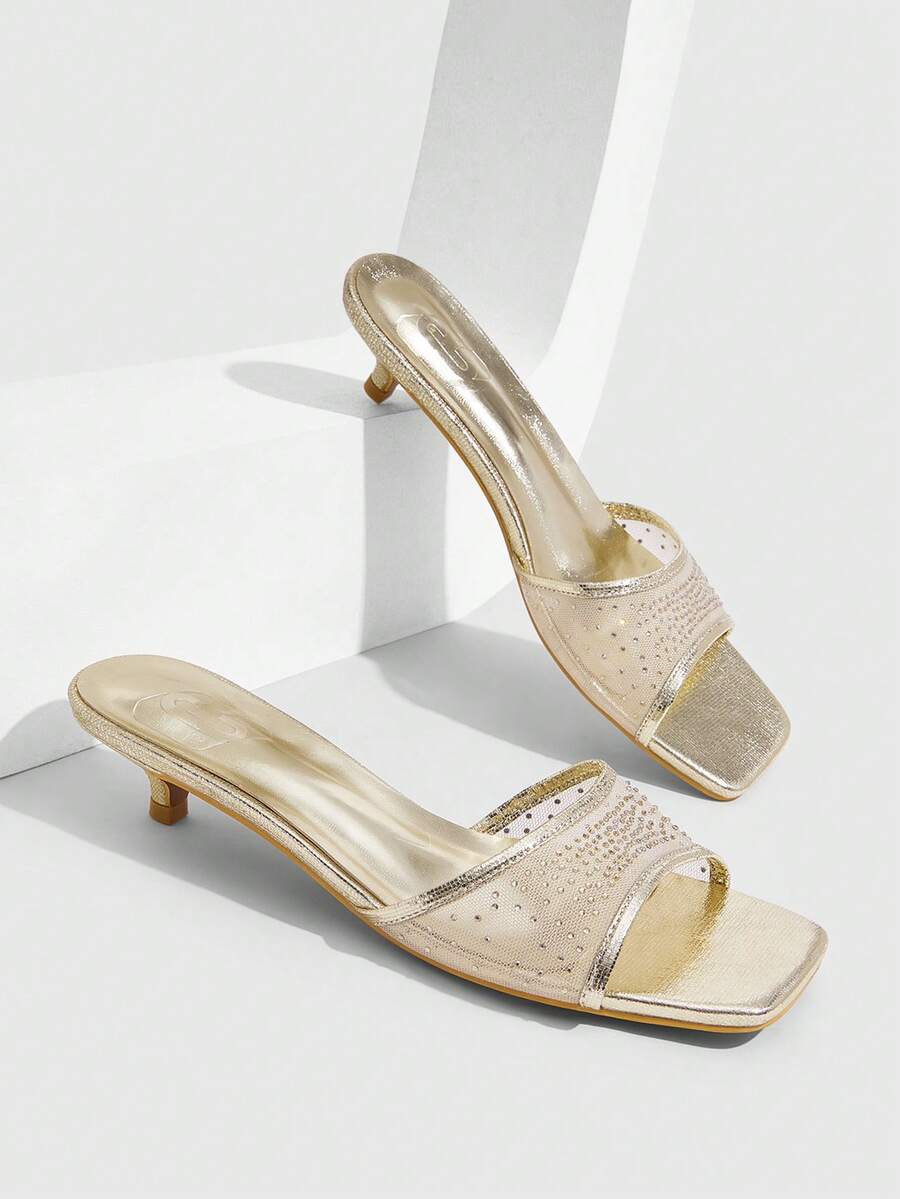 CUCCOO SZL Women's Golden Square Toe Fashion Daily Travel Casual Versatile Thin Heel Rhinestone Slippers Kitten Heels - Golden PU - View 1