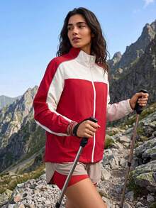 Exploreva Women's Colorblock Zipper Casual Versatile Daily Outdoor Softshell Jacket - Red - View 4