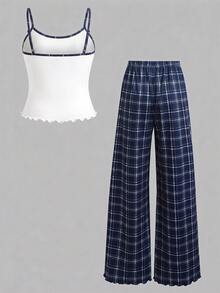 SHEIN 青少年女孩白色細肩帶背心與藍色格紋長褲2件套，可愛居家服 - 藍白色 - 查看 3