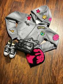 IslaSuriya Sudadera con capucha con bolsillos, con estampado de estrella de cinco puntas, con cremallera y corta - Gris - Ver 1