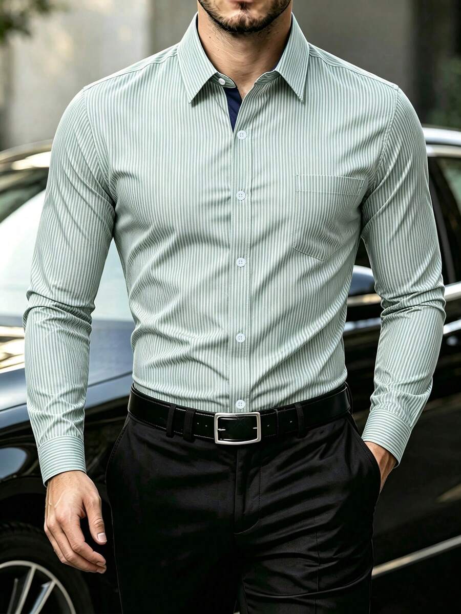 Manfinity Mode Men's Striped Single-Breasted Casual Commuter Long Sleeve Formal Shirt, Fall, Ceremony - Green - View 1