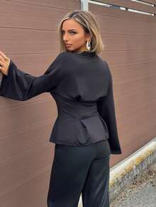 Jeta Ari Siren Gaze Women's Solid Color Round Neck Long Sleeve Cinched Waist Pleated Hem Casual T-Shirt Black,Black Top Spring - Black - View 3