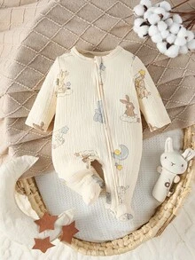SHEIN 新生兒米色連腳連身衣，卡通圖案拉鍊連身衣，居家服，秋冬季睡衣，可愛柔軟舒適 - 杏色 - 查看 4