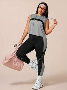 SHEIN Rhythm Era 女款運動瑜伽戶外健身運動套裝，抽繩連帽無袖寬鬆運動衫，胸前弧形對比色設計，緊身運動褲配條紋與色塊對比設計 - 彩色 - 查看 5