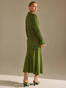 CLARA VERO Khaki Button Front Fluted Sleeve Knit Midi Set, Fitted, Ideal For Modern - Khaki - View 10