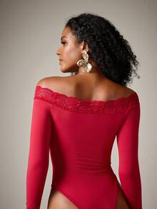 DreamPoppy Women's Solid Color Lace Patchwork Off-Shoulder Loungewear Jumpsuit - Burgundy - View 2