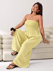 Solflare Plus Size Women Solid Color Ruched Casual Daily Strapless Jumpsuit Wide Leg Pants - Yellow - View 5