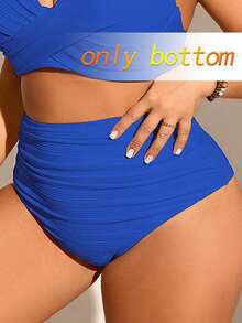 Swim Chiccia Bikini de talla grande para mujer con tela acanalada, unicolor, fruncido y control de abdomen, adecuado para uso diario y de vacaciones en verano - Azul - Ver 4