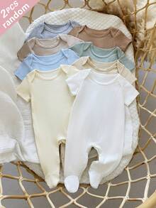 SHEIN Set Bodysuit Bayi Baru Lahir Musim Semi/Panas, Katun Murni, Desain Warna Polos, Disukai dan Diinginkan Anak-Anak, Terbuat dari Kain Lembut dan Nyaman yang Ramah Kulit, Cocok untuk Pakaian Rumahan Anak, 2 Potong Dikirim Secara Acak - MultiWarna - View 1