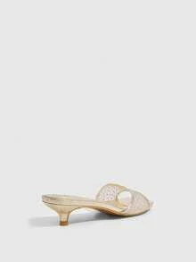 CUCCOO SZL Women's Golden Square Toe Fashion Daily Travel Casual Versatile Thin Heel Rhinestone Slippers Kitten Heels - Golden PU - View 3