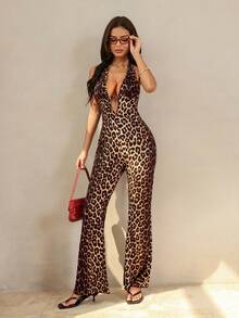 HautHeat Women's Leopard Print Casual Daily Wear Home Halter Neck Jumpsuit - Coffee Brown - View 7
