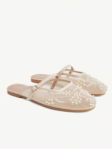 CUCCOO CHICEST 新款方頭平底米色網布刺繡縫珠女鞋 時尚優雅舒適華麗 適合婚禮宴會 - 杏色 - 查看 2