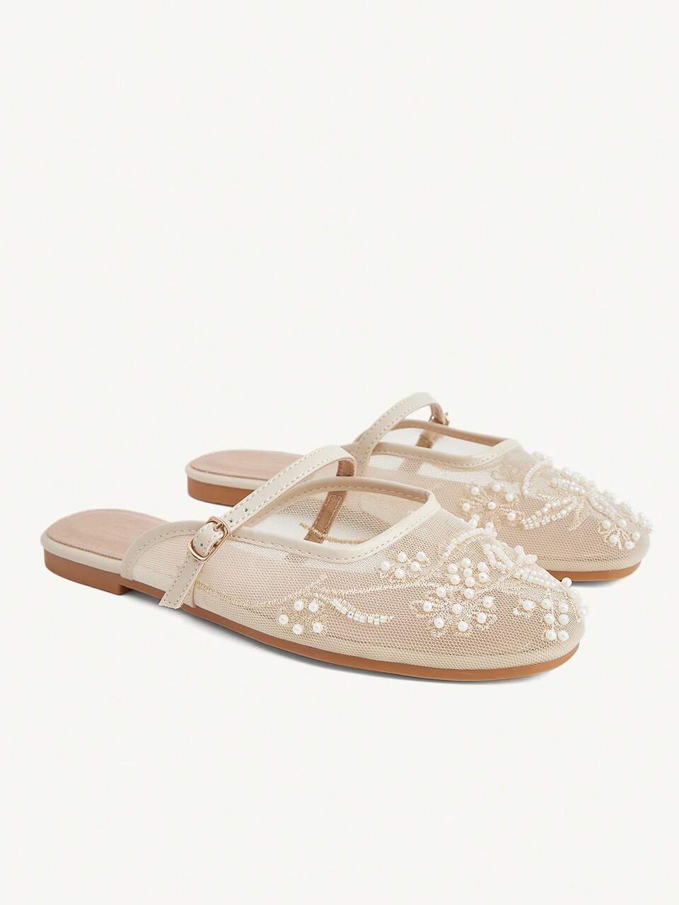 CUCCOO CHICEST New Square Toe Flat Bottom Beige Mesh Embroidery Sewing Beads Women's Flat Bottom Shoes Fashion Elegant Comfortable Gorgeous Wedding Banquet