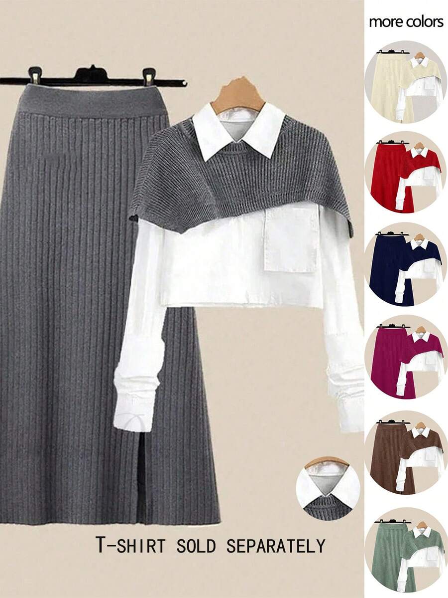GlowEve 2pcs/Set Women's Asymmetric Knitted Shawl And High Slit Skirt - Dark Grey - View 1