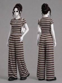 Girlism 少女/青少年复古条纹针织圆领短袖修身T恤和休闲长裤套装，百搭休闲装，春夏款 - 棕色 - 查看 3