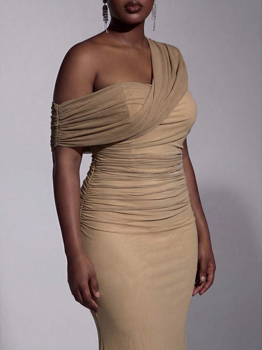 Elitara Plus Size Elegant Romantic Mesh One Shoulder Ruched Decor Fitted Bodycon Long Evening Dress For Women, Wedding Events, All Formal Occasions, Bridesmaid Dress - Khaki - View 1