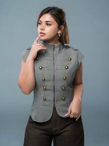 SARA VAULT 2026 New Arrive Minimalism Spring/Summer Women's Retro Mandarin Collar Jacket, Suitable For Commuting Fall - Light Grey - View 5