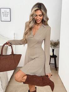 SHEIN LUNE Women's Casual Elegant Autumn/Winter Commute Daily Basic Fashion Outing Office Brunch Outfit Long Sleeve Mini Dress Beige - Khaki - View 6