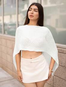 Andrea Bello Sexy Shawl Versatile Knit Poncho Shawl, Spaghetti Strap Vacation Style V-Neck Asymmetric Shoulder Design Top White Summer - White - View 4