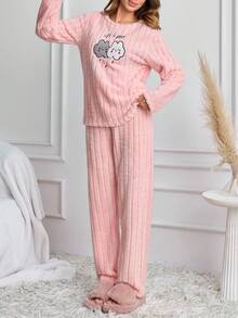 SHEIN Pink Ribbed Fuzzy Plush Cute Cartoon Cloud Embroidery Cozy Winter Homewear Pajama Set - Pink - View 5