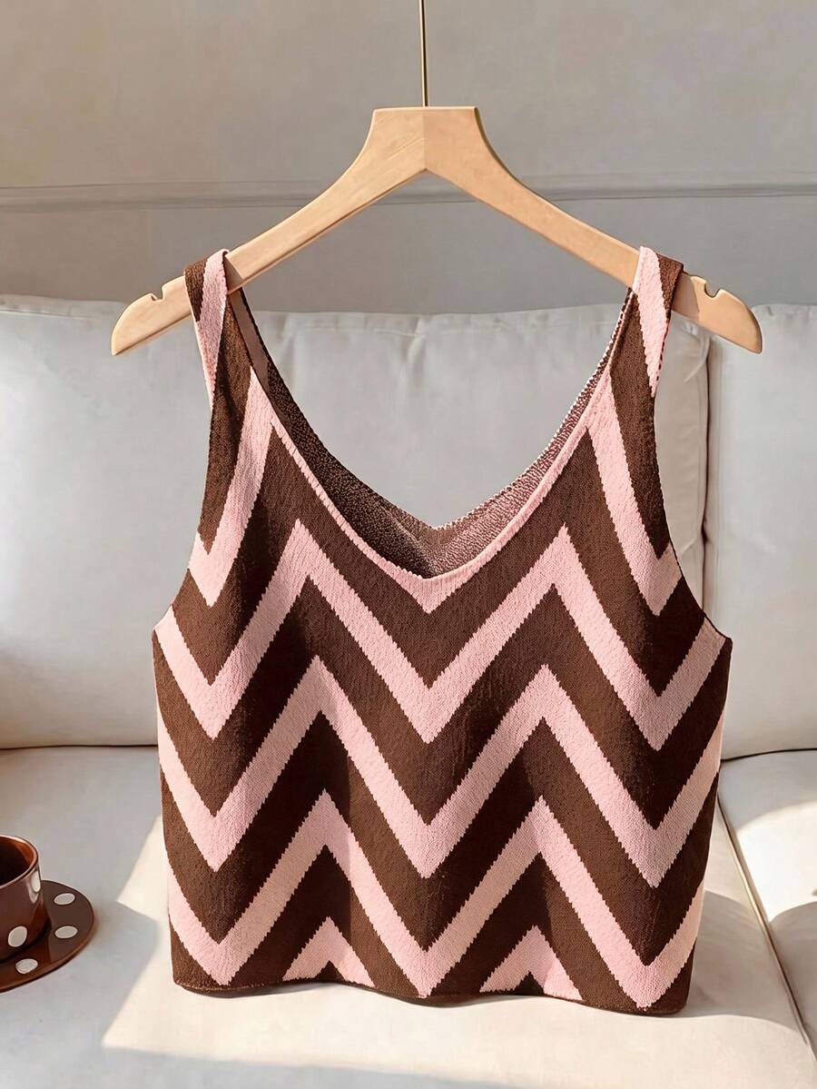 SHEIN EZwear 女款條紋休閒V領無袖針織上衣 - 彩色 - 查看 1
