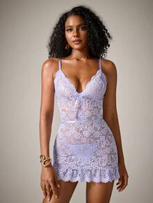 DreamPoppy Women's Sexy Lace Patchwork Lingerie 2pcs Set - Purple - View 3