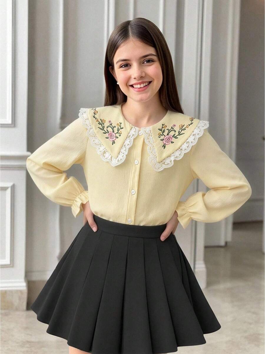 SHEIN 1件女童春秋新款休閒優雅返校穿著 梭織蕾絲飾邊翻領花卉印花白色長袖鈕扣襯衫,適合日常穿著與校園 - 黃色 - 查看 1