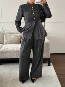 Dazy Plus Autumn/Winter High Neck Waist-Cinching Striped Top & Casual Long Pants 2 Pieces Set, Fun Commuter Style - Grey - View 7