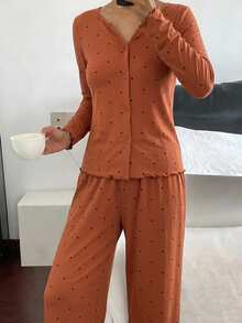 DAZY 2件組波點印花修身長袖直筒褲女款春季睡衣套裝 - 珊瑚橙 - 查看 6