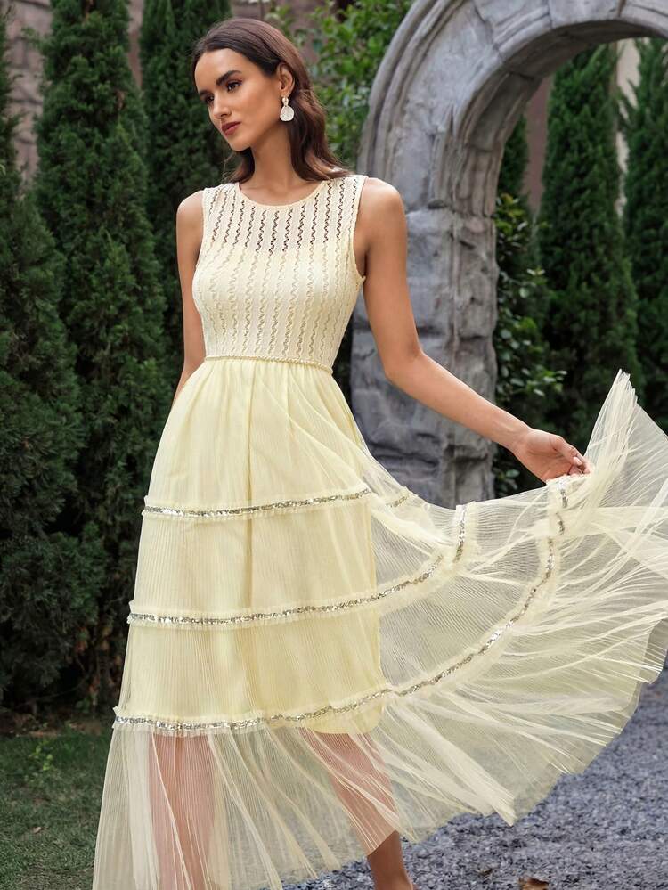 VOLUPTÉ CURVE 女款春夏米色針織亮片圓領無袖長洋裝，優雅浪漫休閒通勤度假生日派對婚禮賓客禮服 - 米色 - 查看 3