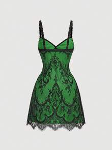 SHEIN MOD 女款蕾絲拼接性感約會派對細肩帶洋裝 - 綠色 - 查看 5