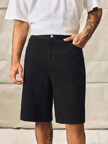 Norleigh Men's Casual Oblique Pocket Solid Black Denim Bermuda Shorts Jorts Cargo Pants - Black - View 6